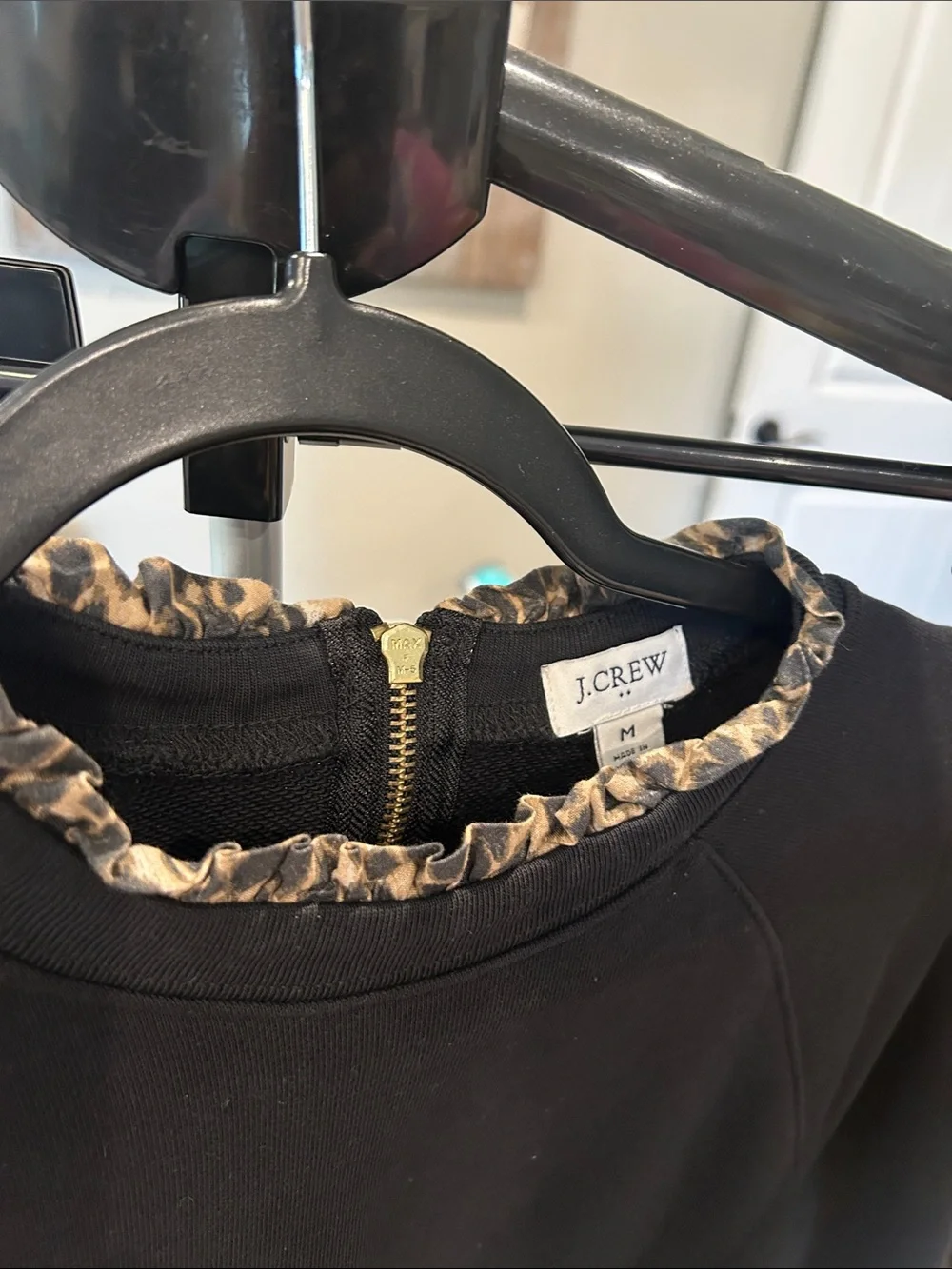 J. Crew Black Crewneck Sweatshirt with Leopard-Trim / Like New! Sz medium